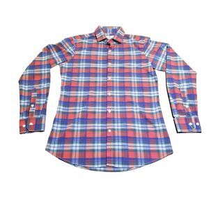 Mizzen + Main Shirt Men's Medium Red Blue Green Plaid Tall Trim Fit Made In USA